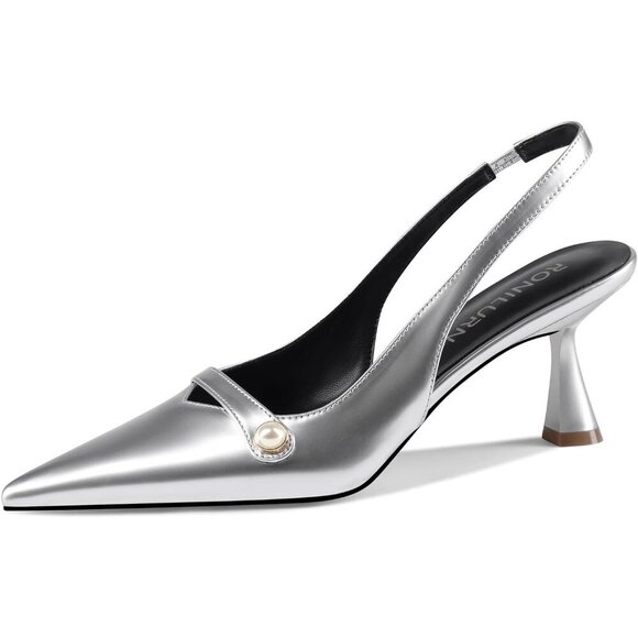 🆕Women Silver Faux Leather Kitten Heels Slingback Pearl Pumps - Picture 1 of 7